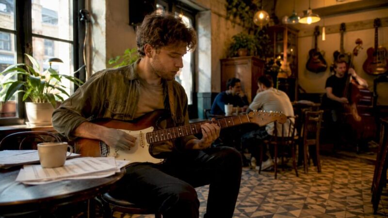 Ein Mann probiert in einem Musikgeschäft verschiedene Gitarren aus.