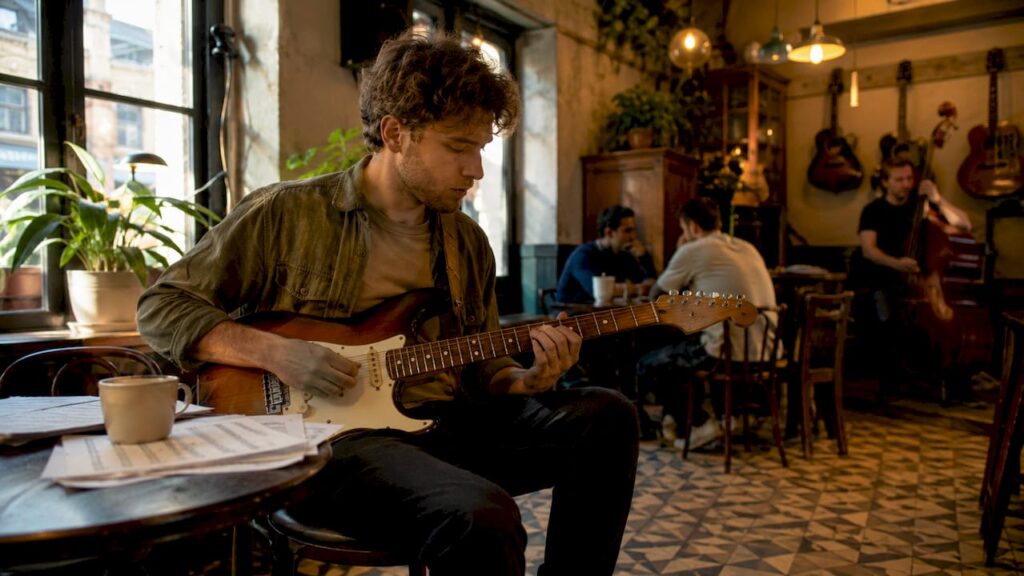 Ein Mann probiert in einem Musikgeschäft verschiedene Gitarren aus.