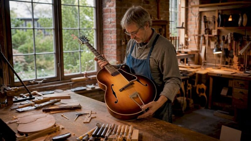 Ein Gitarrenbauer prüft eine Archtop-Gitarre in seiner Werkstatt auf Herz und Nieren.