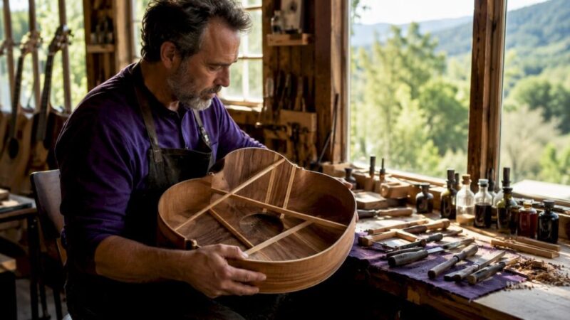 Craftsman inspecting premium acoustic guitar woodwork