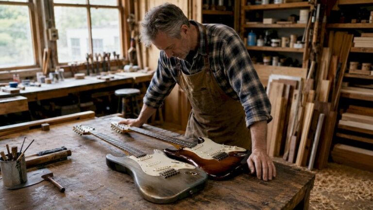 Ein Gitarrenbauer im Fachgespräch: Wie unterscheiden sich Nitrolack und Polyurethanlack bei alten Gitarren? Welche Auswirkungen haben die verschiedenen Lackierungen auf Klang, Optik und Alterung? Ein spannender Vergleich für Liebhaber von Vintage-Instrumenten.