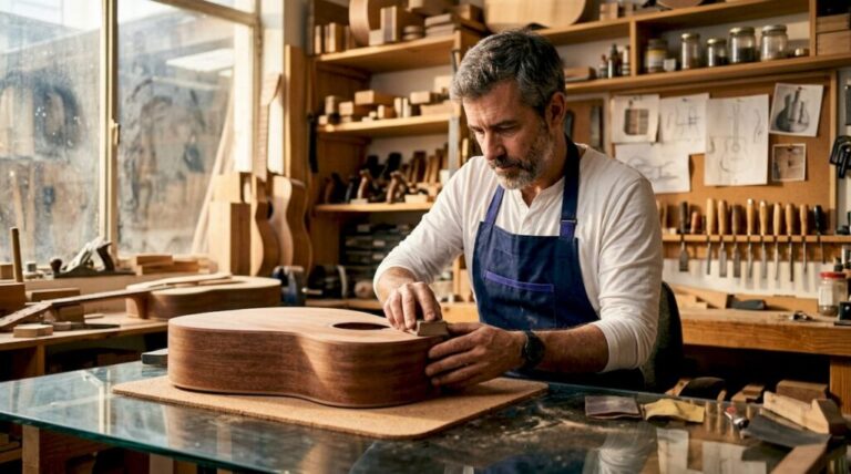 Craftsman working on premium guitar body