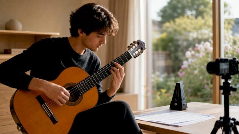 Im Wohnzimmer lässt ein Mann die Saiten seiner Flamenco-Gitarre erklingen.