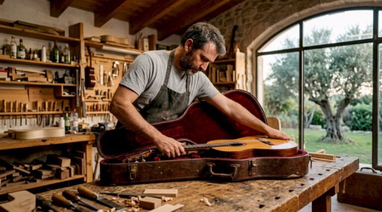 Ein Gitarrenbauer legt behutsam eine Gitarre in einen maßgefertigten Holzkoffer.