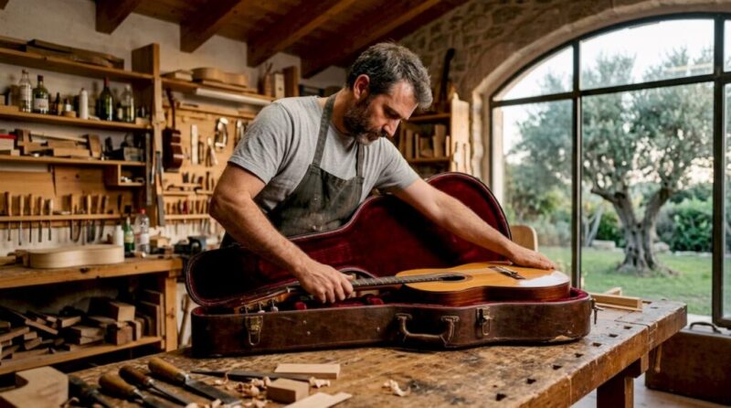 Ein Gitarrenbauer legt behutsam eine Gitarre in einen maßgefertigten Holzkoffer.