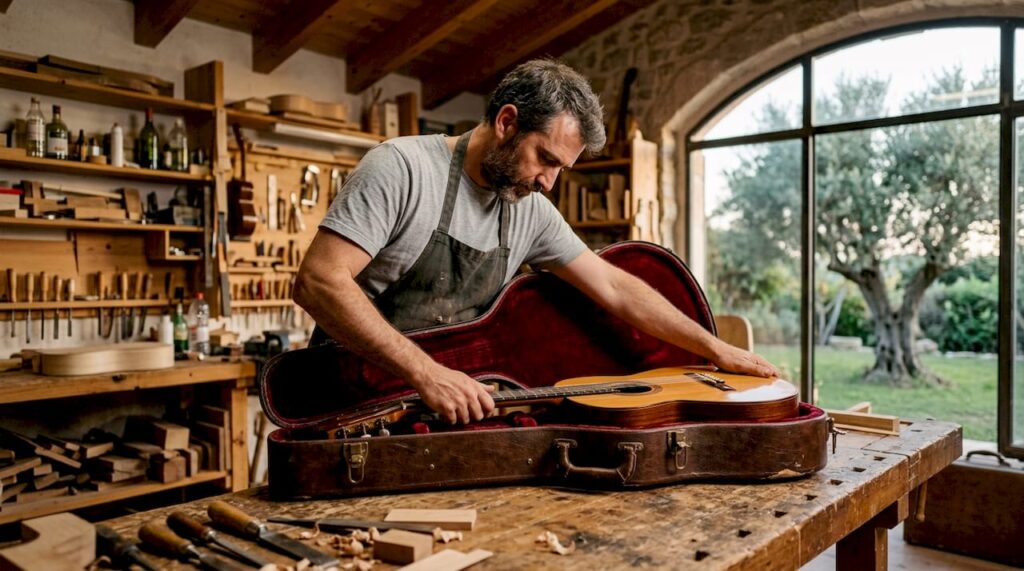 Ein Gitarrenbauer legt behutsam eine Gitarre in einen maßgefertigten Holzkoffer.