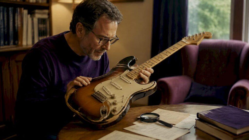 Man inspecting vintage guitar for certification