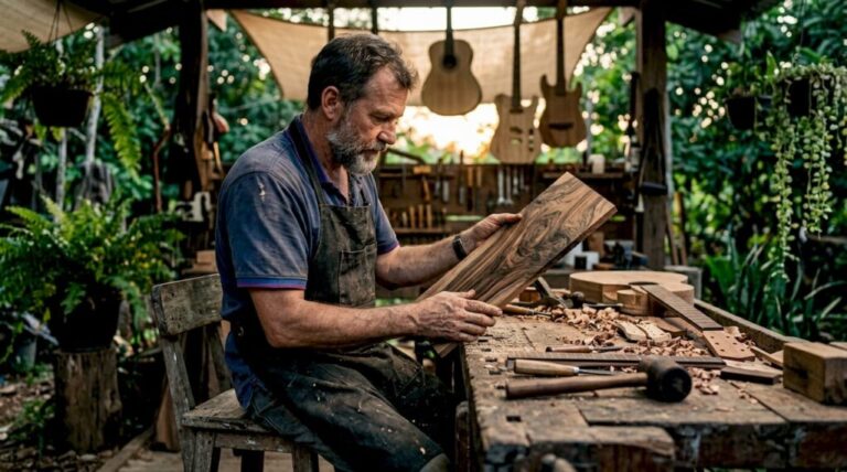 Luthier examining rare guitar tonewood in workshop