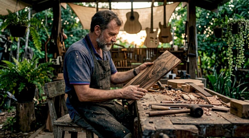 Luthier examining rare guitar tonewood in workshop