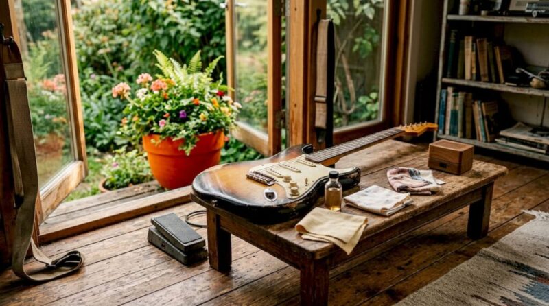 Eine Vintage-Gitarre samt wichtigem Zubehör steht stilvoll im heimischen Wohnzimmer.