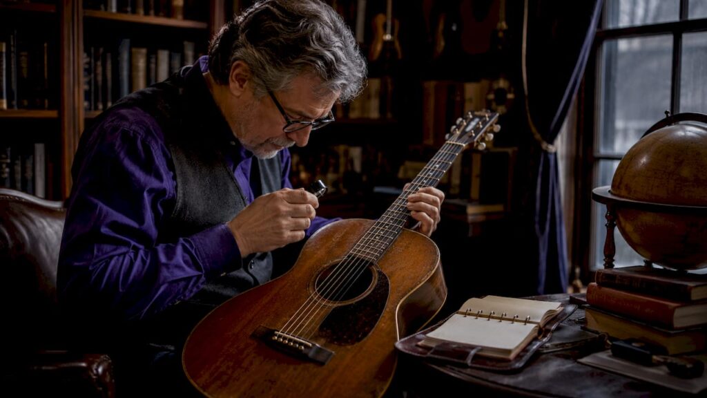 Collector examining vintage guitar in study