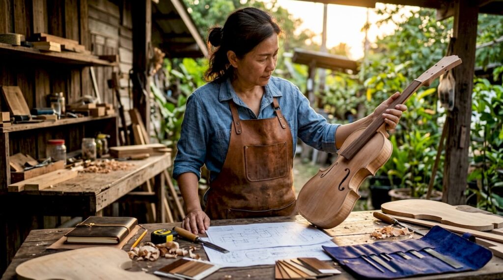 Guitar designer inspecting guitar body in workshop