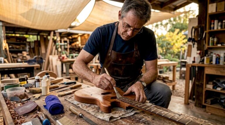 Craftsman applying finish on guitar body