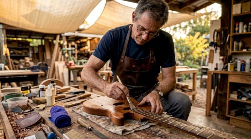 Craftsman applying finish on guitar body