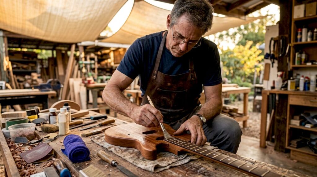Craftsman applying finish on guitar body