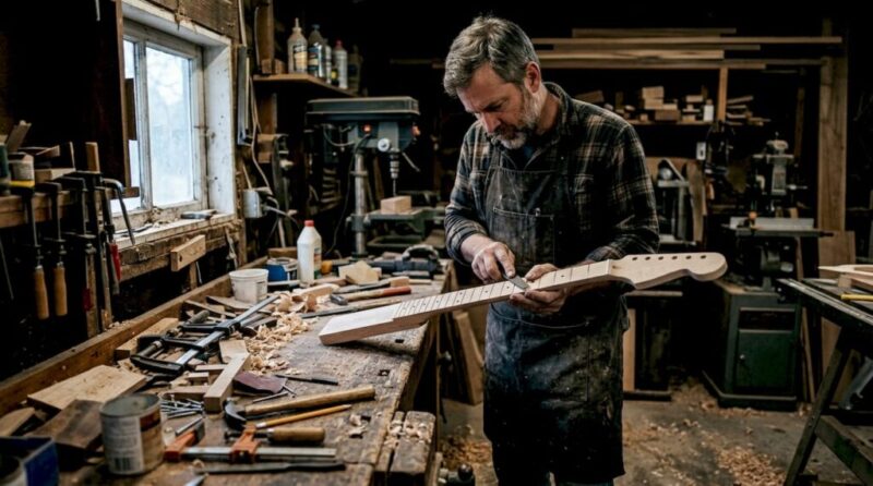 Ein Gitarrenbauer begutachtet in seiner Werkstatt sorgfältig den Hals einer Gitarre.