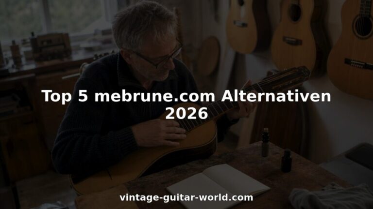 Ein Mann begutachtet eine alte Gitarre im Musikgeschäft.
