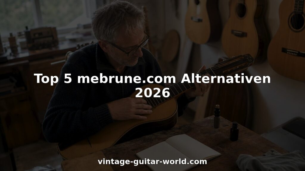 Ein Mann begutachtet eine alte Gitarre im Musikgeschäft.