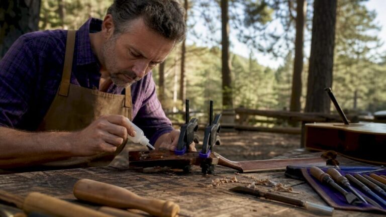 Luthier repairing guitar headstock on workbench