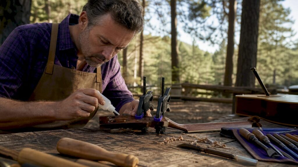 Luthier repairing guitar headstock on workbench