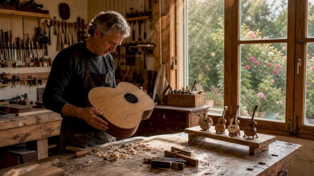 Ein Gitarrenbaumeister begutachtet eine beschädigte Akustikgitarre.