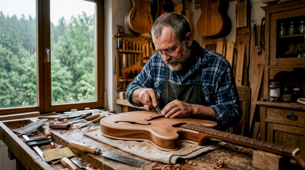 Ein Gitarrenbauer setzt den Korpus einer Semi-Hollow-Gitarre fachmännisch zusammen.