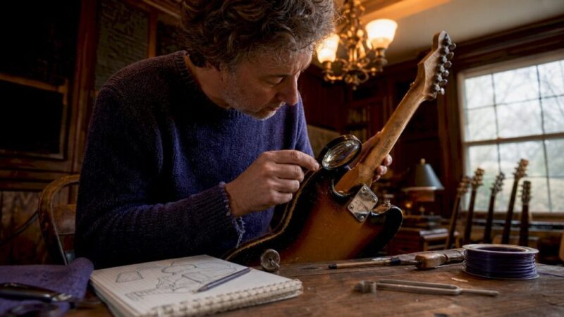 Man examining vintage guitar with magnifying glass