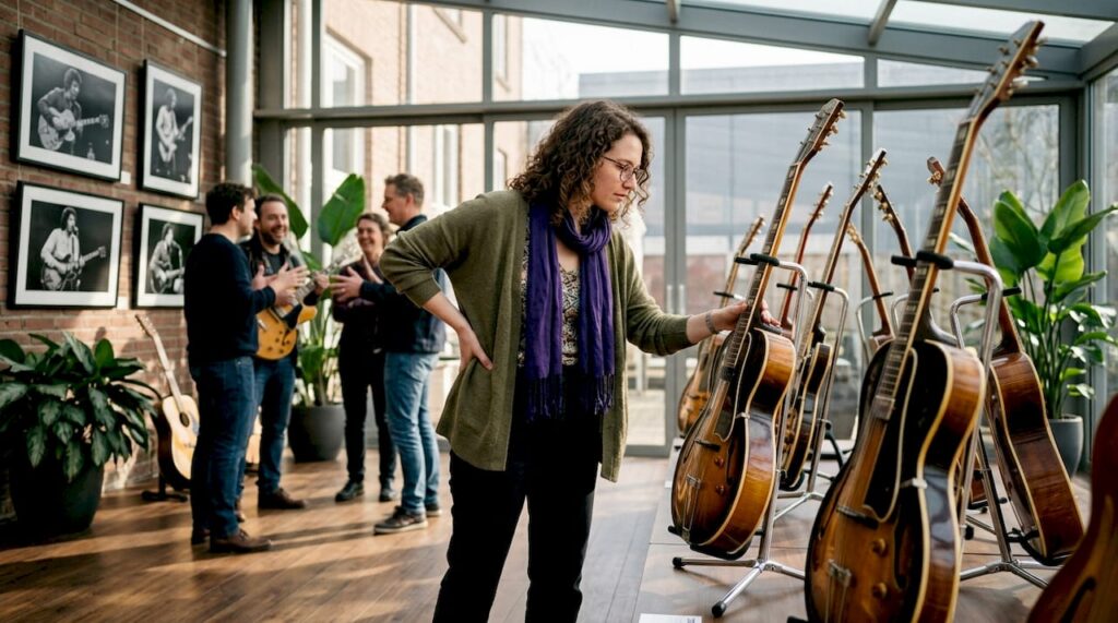 Visitor examining rare guitars at exhibition