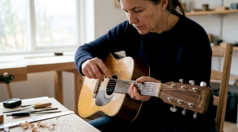 Detailaufnahme: Hände justieren präzise den Gitarrensattel.