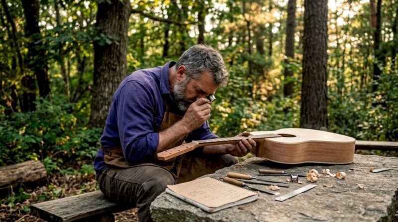 Man inspecting handcrafted guitar in workshop