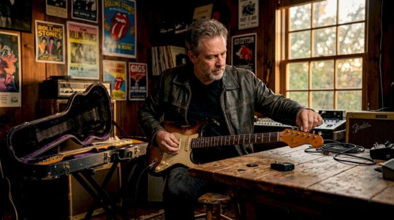 Im Proberaum bringt ein Musiker seine alte Gitarre in Stimmung.