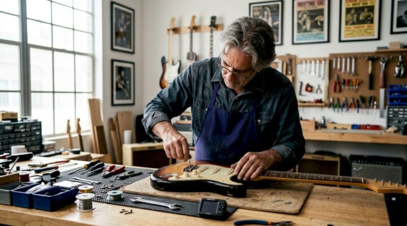 Technician adjusting guitar truss rod in workshop