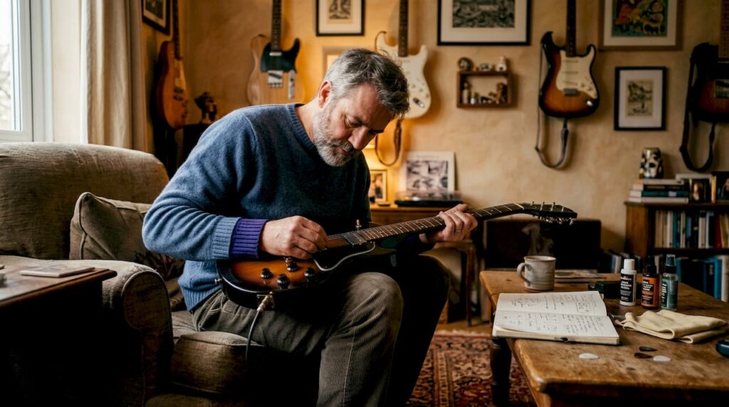 Man inspecting electric guitar in guitar workshop