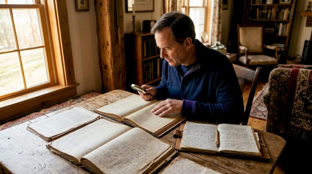 Collector reviewing historical luthier documents