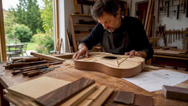 Ein Gitarrenbauer nimmt in seiner Werkstatt eine klassische Gitarre genau unter die Lupe.