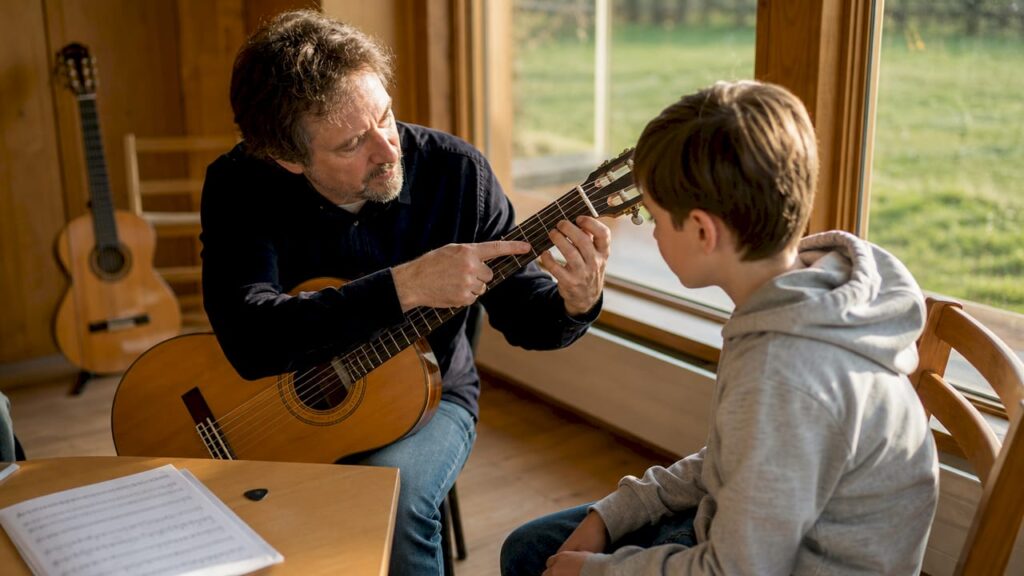 Ein Gitarrenlehrer erklärt seinem Schüler, wie man die richtigen Griffe auf dem Instrument anwendet.