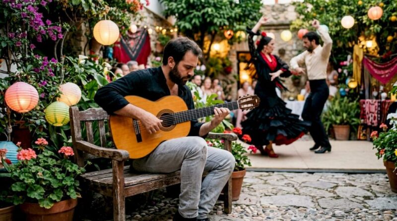 Auf der Bühne begeistern ein Flamenco-Gitarrist und Tänzer mit einer mitreißenden Darbietung.