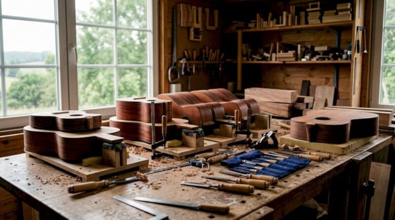 Close-up of flamenco guitar wood and tools on workbench
