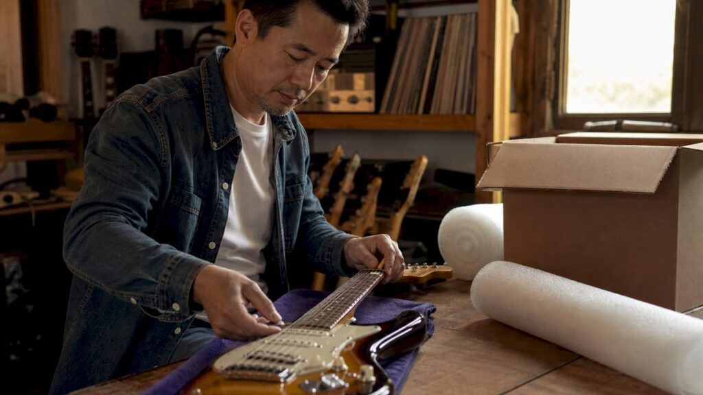 Man loosening strings on vintage guitar before shipping