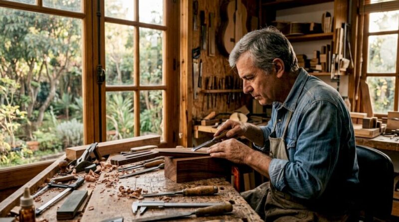 Handwerkliche Arbeit beim Schnitzen eines Gitarrenhalses aus Zedernholz