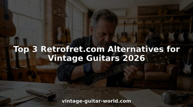 Man inspecting vintage guitar fretboard in shop
