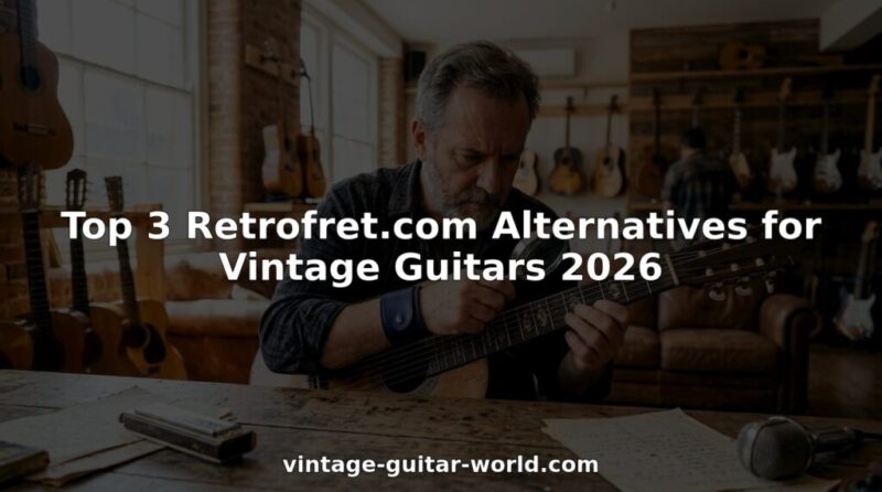 Man inspecting vintage guitar fretboard in shop