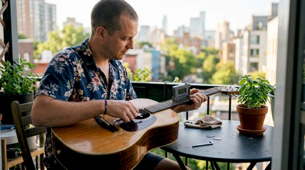Hands measuring guitar string height with ruler
