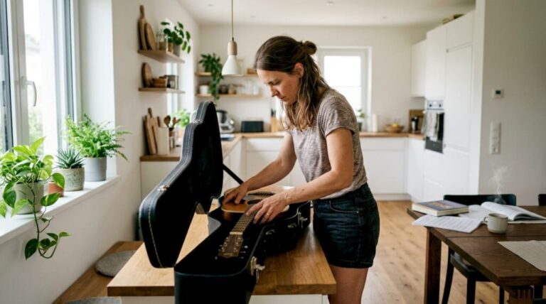 Eine Frau verstaut ihre Gitarre sorgfältig im Koffer.