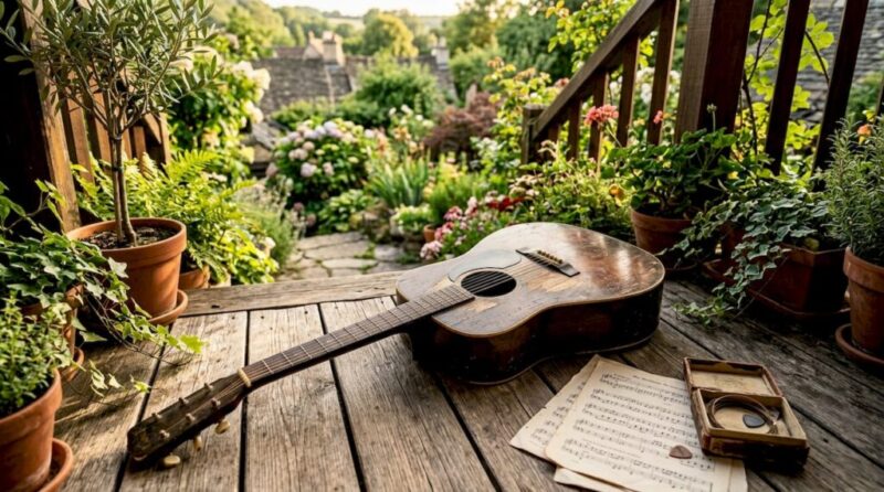 Detailreiche Aufnahme der charaktervollen Gebrauchsspuren auf einer alten Gitarre