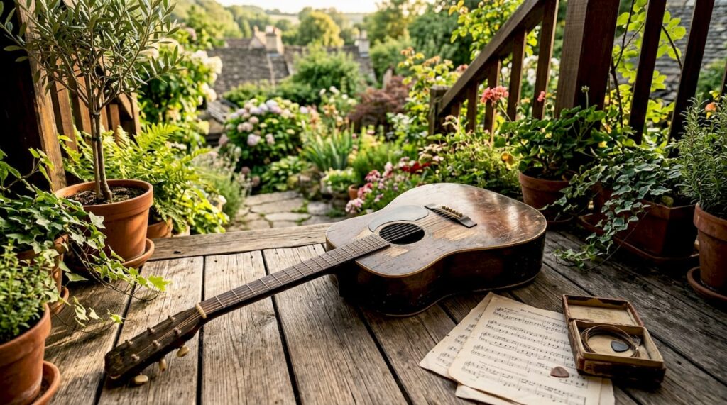 Detailreiche Aufnahme der charaktervollen Gebrauchsspuren auf einer alten Gitarre