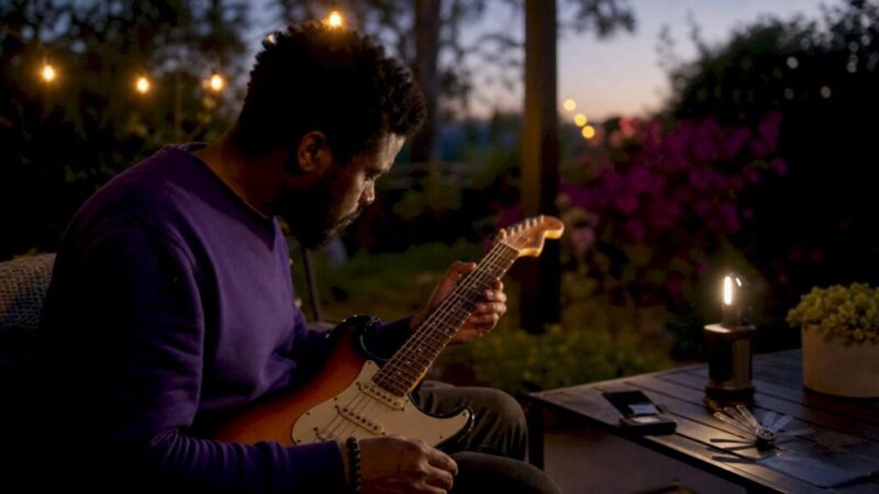 Man inspecting guitar in home studio