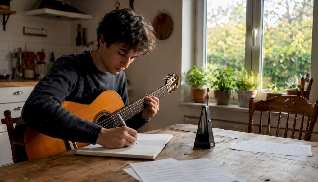 Ein junger Mann stellt seinen eigenen Übungsplan für die klassische Gitarre zusammen.