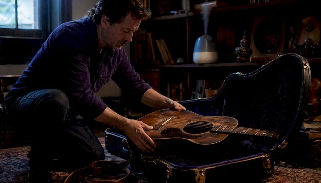 Person placing vintage guitar into hardshell case