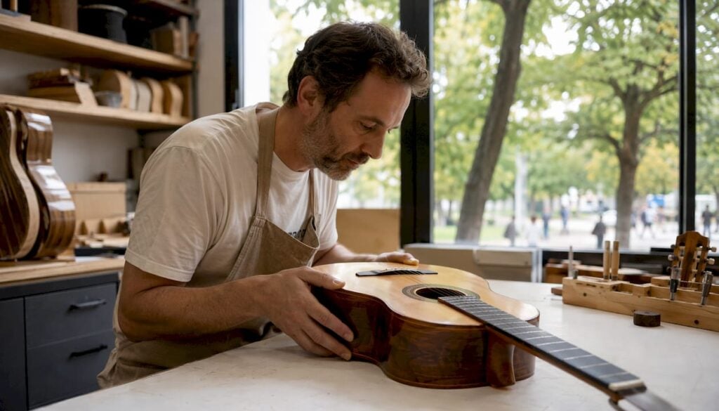 Ein Gitarrenbauer begutachtet den Korpus einer spanischen Gitarre in seiner Werkstatt.